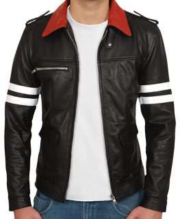 Prototype Racing Red Collar White Striped Mens Black Biker Leather Jacket