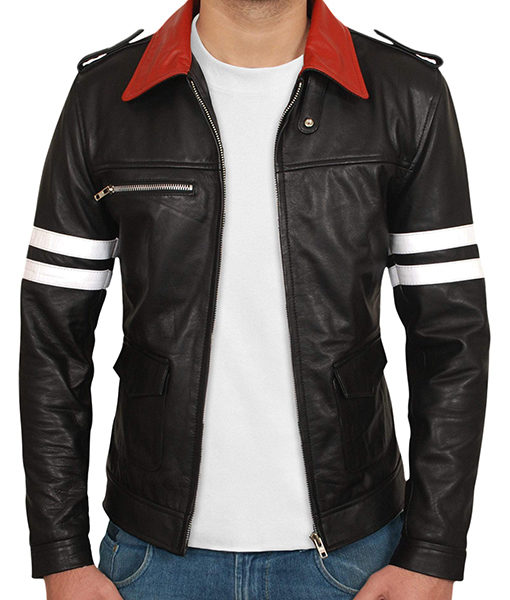 Prototype Racing Red Collar White Striped Mens Black Biker Leather Jacket