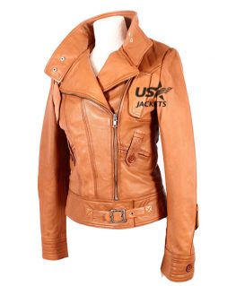 Ladies Cosmopolitan Tan Designer Rock Fashion Girls Real Leather Jacket