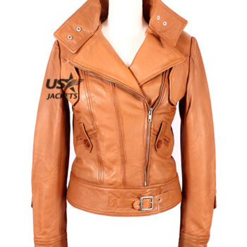 Ladies Cosmopolitan Tan Designer Rock Fashion Girls Real Leather Jacket