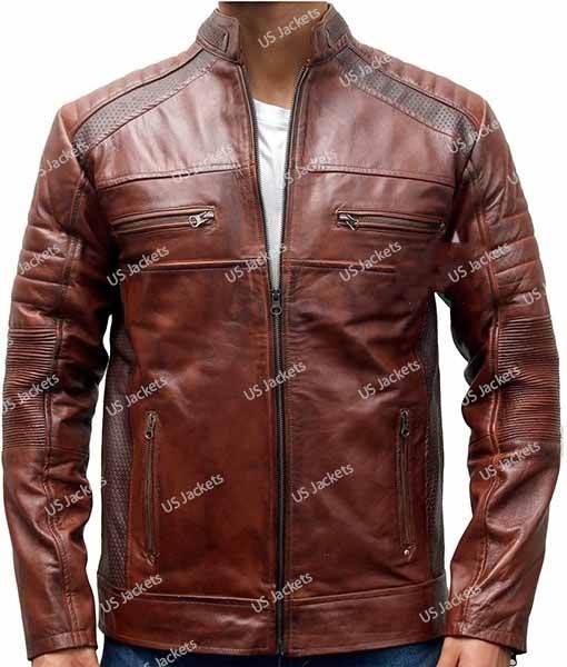 Mens Cafe Racer Distressed Brown Leather Jacket
