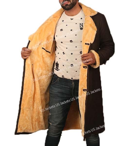 Mens Double Breasted Shearling Collar Brown Leather Coat
