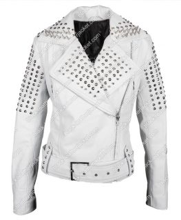 True Blood Pam White Cropped Studded Biker Jacket