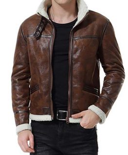 Reno Brown Shearling Leather Jacket Mens