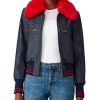 Katy Keene Dark Denim Bomber Jacket | Lucy Hale Red Fur Collar Jacket