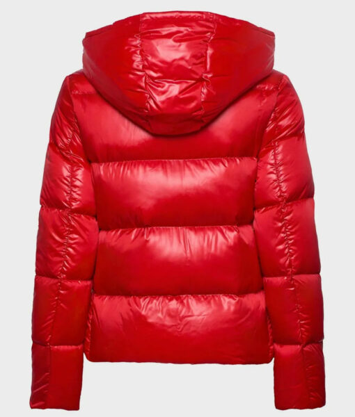 Red Leather Puffer Jacket With Hood-1