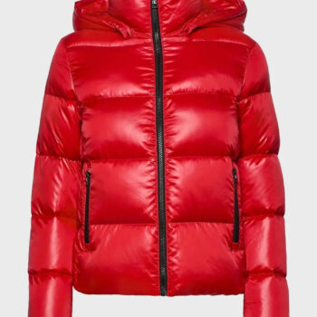Red Leather Puffer Jacket With Hood-2