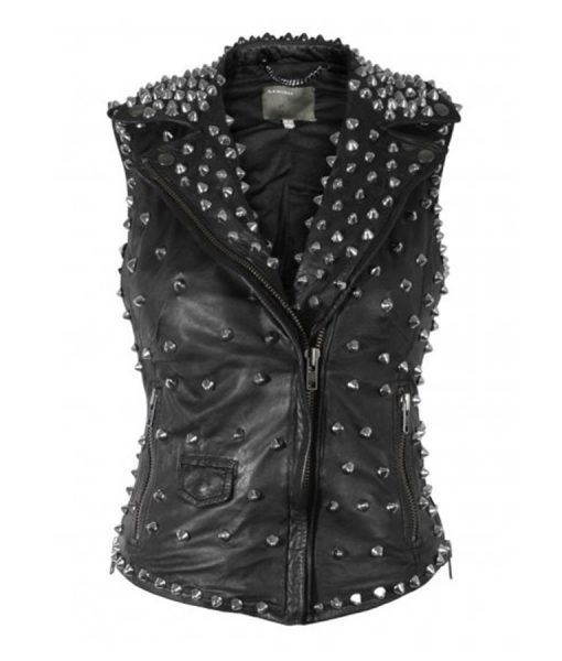 Womens Silver Studded Black Leather Vest