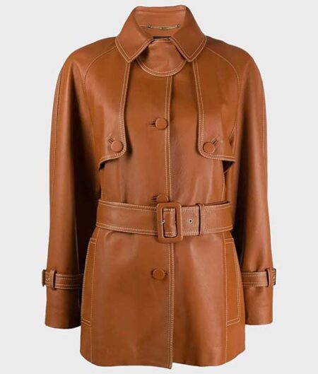 Women’s Brown Belted Leather Coat