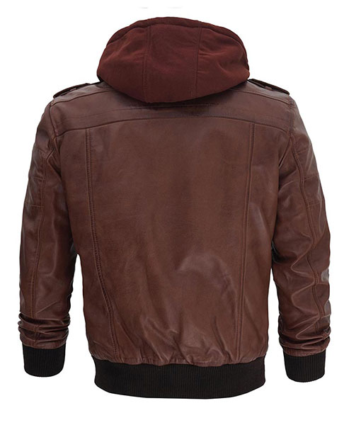 Dark Brown Hooded Bomber Leather Jacket