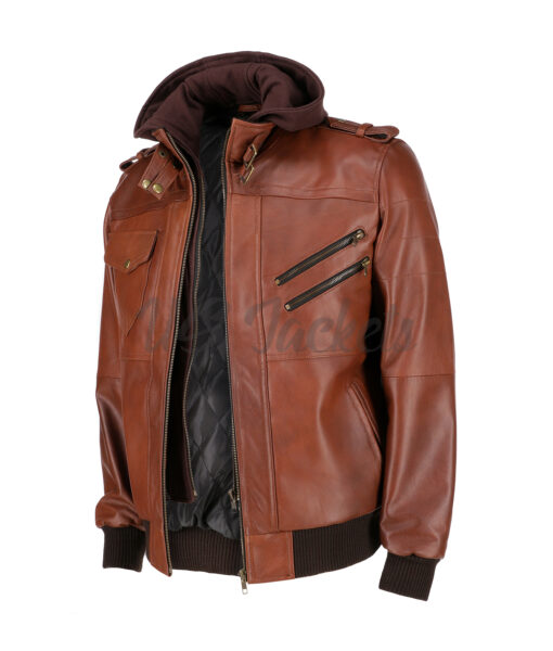 Conrad Abraham Dark Brown Hooded Bomber Leather Jacket