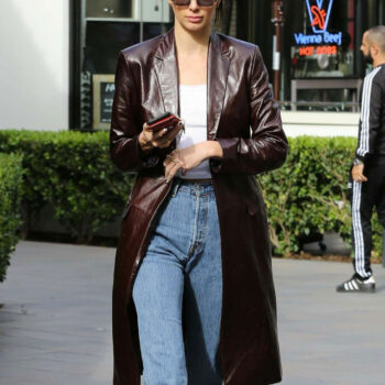 Kendall Jenner Long Brown Leather Coat-1