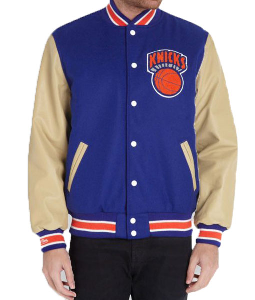New York Knicks Varsity Jacket With Leather Sleeves