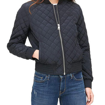 Dawn Womens Diamond Quilted Blue Bomber Jacket