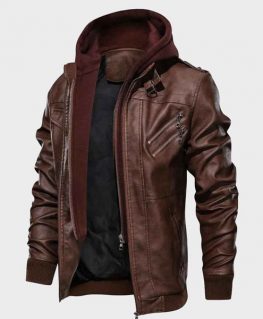 Men’s Brown Bomber Leather Jacket with Hood