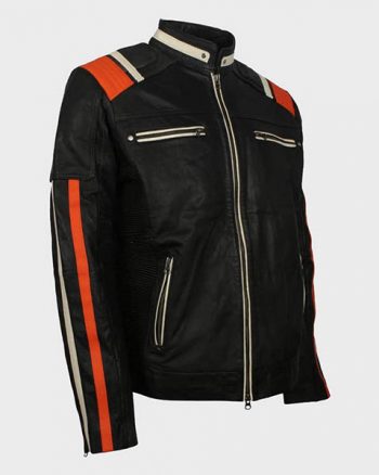 Mens Cafe Racer Striped Black Retro Biker Jacket