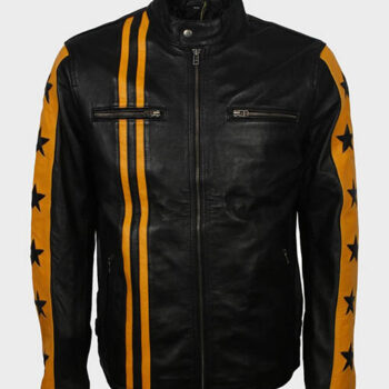 Mens Cafe Racer Yellow Star Black Leather Jacket