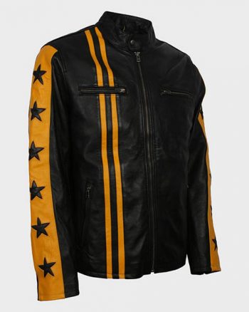Mens Cafe Racer Yellow Star Black Leather Jacket