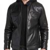 Men’s Causal Smooth Black Leather Jacket with Hood