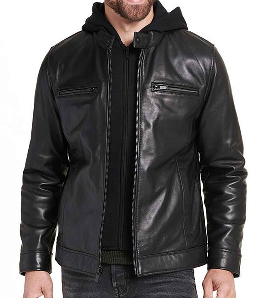 Men's Causal Smooth Black Leather Jacket with Hood