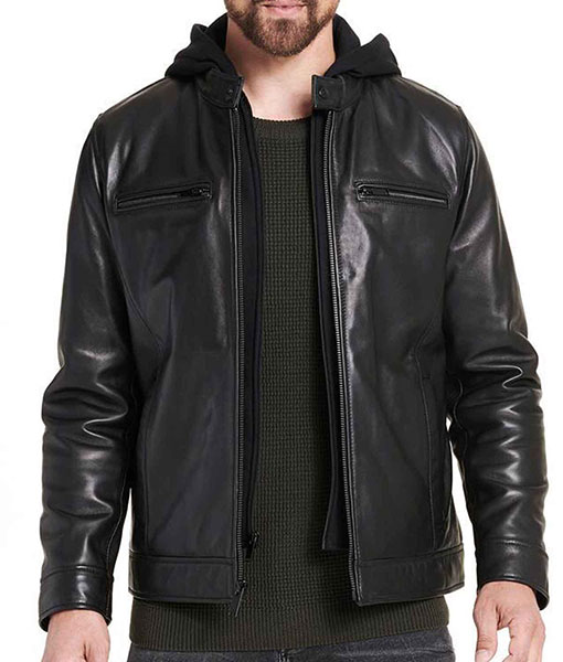 Men's Causal Smooth Black Leather Jacket with Hood
