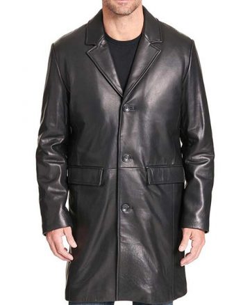 Mens Designer Black Leather Topper Coat