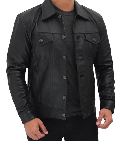 Mens Genuine Leather Black Trucker Jacket