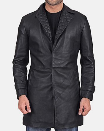 Mens Notch Quilted Collar Black Leather Coat