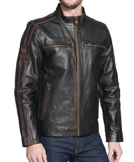 Men’s Striped Design Black Rivet Leather Cycle Jacket