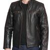 Men’s Striped Design Black Rivet Leather Cycle Jacket2