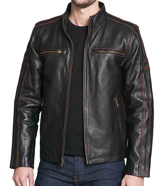 Men’s Striped Design Black Rivet Leather Cycle Jacket