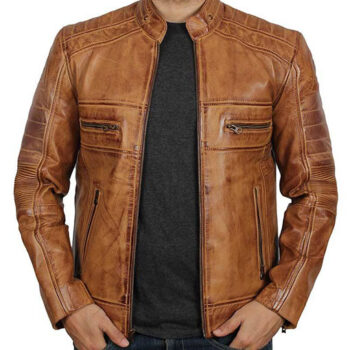 Mens Tan Quilted Biker Leather Jacket