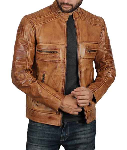 Mens Tan Quilted Biker Leather Jacket