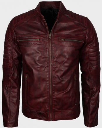 Mens Vintage Cafe Racer Maroon Waxed Leather Jacket