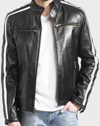 Men's White Stripe Black Biker Cafe Racer Leather Jacket