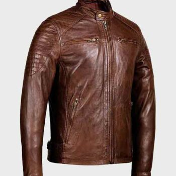 Men's Zipper Pockets Shoulder Padded Café Racer Brown Jacket
