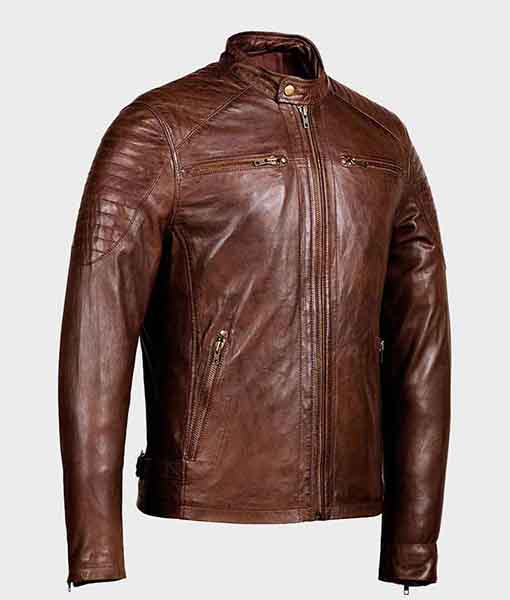 Men's Zipper Pockets Shoulder Padded Café Racer Brown Jacket