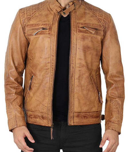 Michael Camel Brown Distressed Leather Jacket
