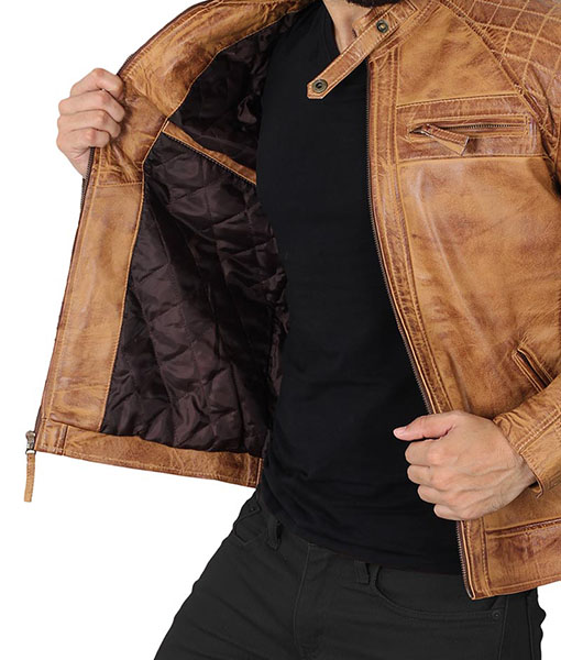 Michael Camel Brown Distressed Leather Jacket