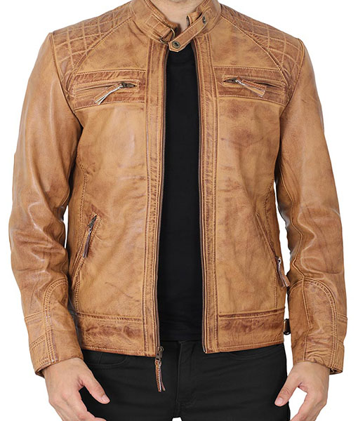 Michael Camel Brown Distressed Leather Jacket