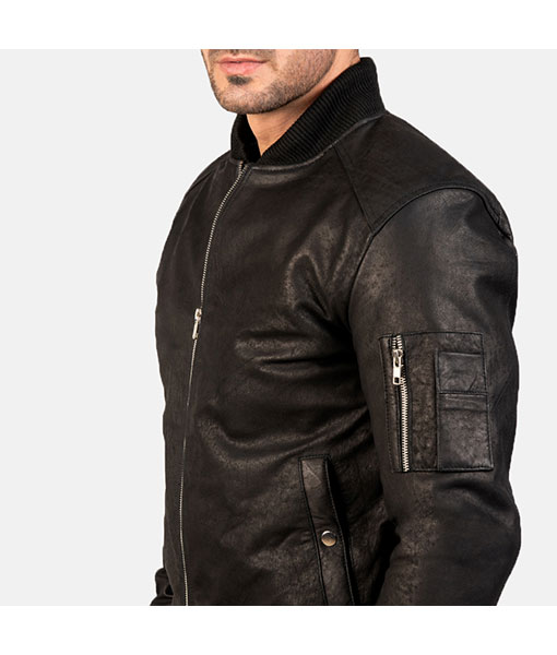 Nathan Mat Black Leather Bomber Jacket