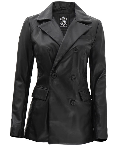 Women Double Breasted Black Leather Blazer