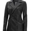 Women Double Breasted Black Leather Blazer3