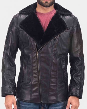 Men’s Asymmetrical Zipper Ambrose Black Leather Shearling Jacket