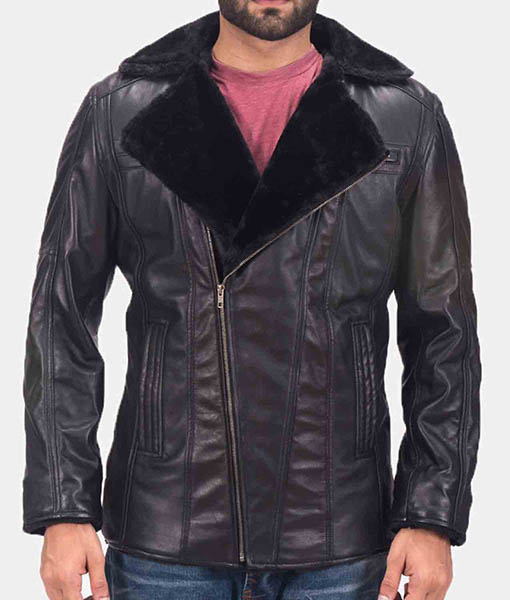 Men’s Asymmetrical Zipper Ambrose Black Leather Shearling Jacket