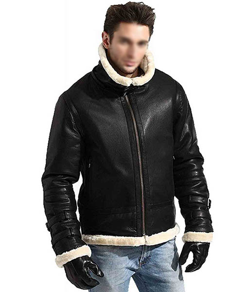 Men’s B3 Black Leather Bomber Shearling Jacket with Hoodie
