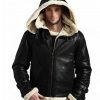 Men’s B3 Black Leather Bomber Shearling Jacket with Hoodie2