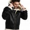 Men’s B3 Black Leather Bomber Shearling Jacket with Hoodie3