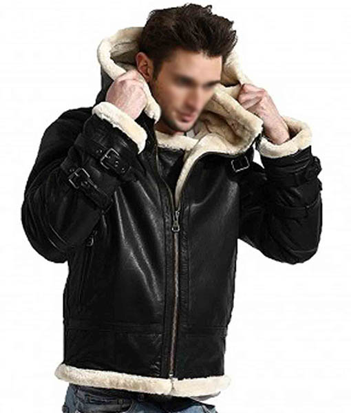 Men’s B3 Black Leather Bomber Shearling Jacket with Hoodie