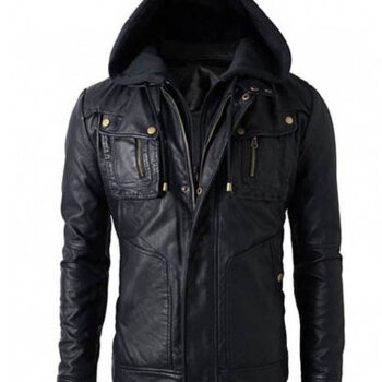 Men’s Biker Style Black Faux Leather Jacket with Hoodie